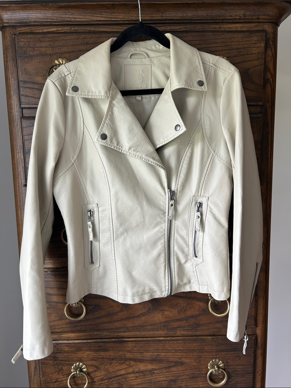 Max Studio Cream Faux Leather Moto Jacket with Silver Hardware, Size M